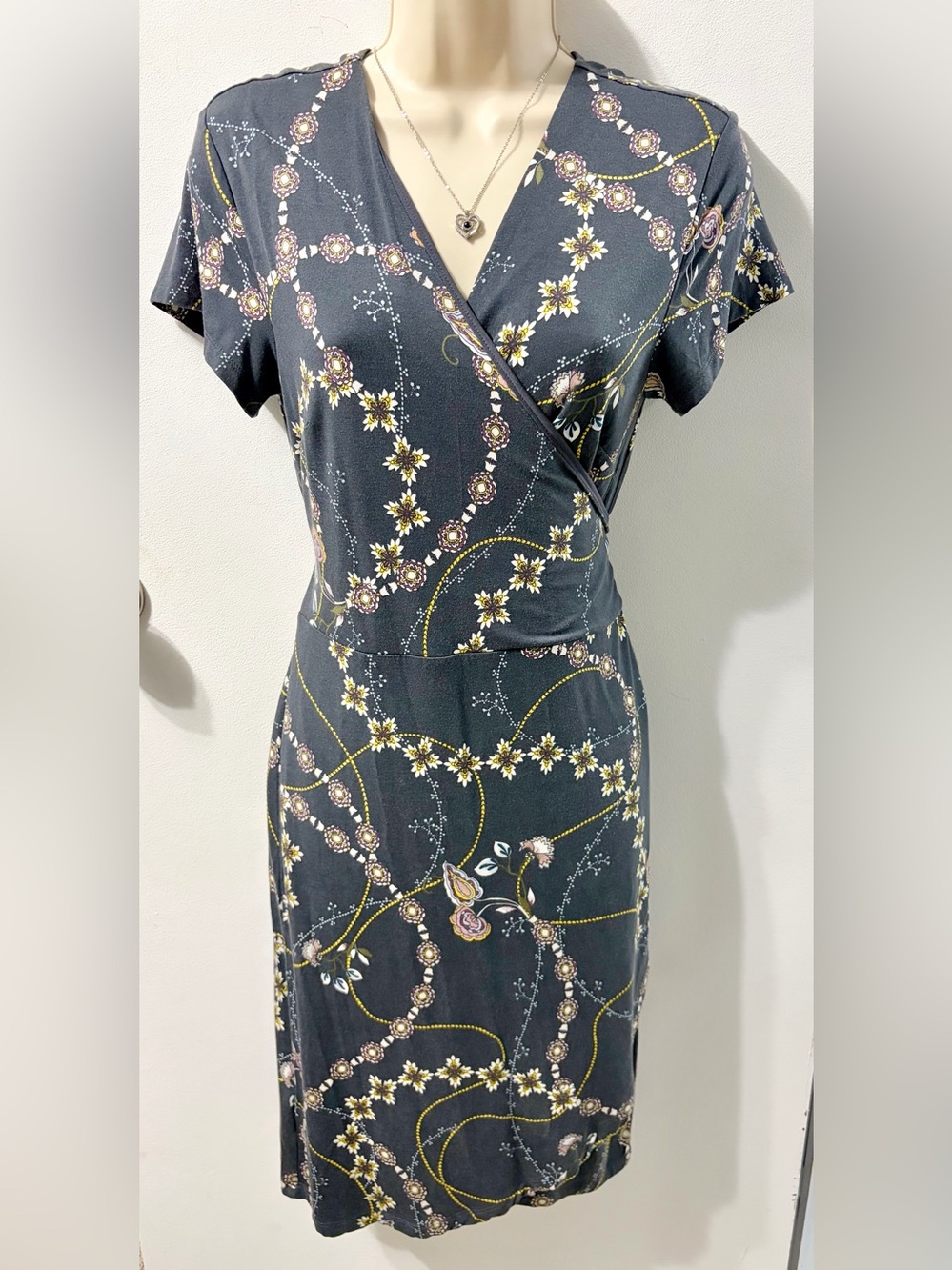 LOFT Charcoal Gray Floral Wrap Midi Dress